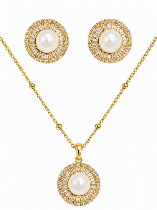 Perlina Pearl Medallion Necklace & Stud Earring Set, 18K Gold-Plated