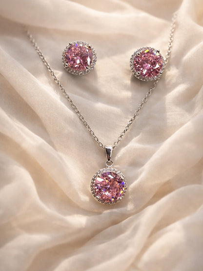 CL Pink Round CZ Necklace & Stud Earrings Set in Rhodium-Plated Steel