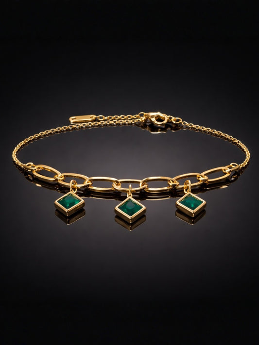 Quad Emerald Green Charm Bracelet | 18K Gold Anti-Tarnish Jewelry