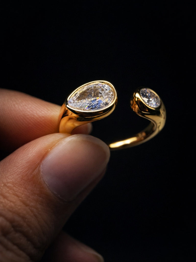 Solitaire Duo Blob Ring – 18K Gold Plated CZ Adjustable Ring