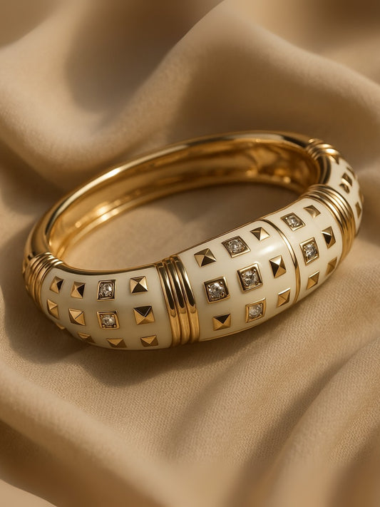 Cream Enamel Studded Bracelet in 18K Gold | CZ Stone Statement Bangle