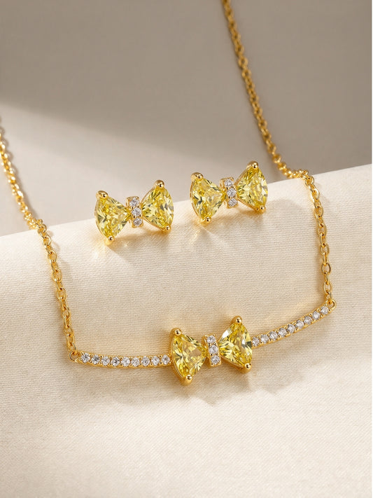 Fiocco Yellow Bow Bar Necklace & Stud Earring Set, 18K Gold-Plated