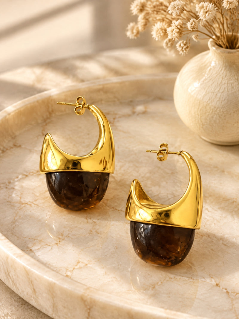Brown Drop Hoop Earrings | 18K Gold Plated Anti-Tarnish