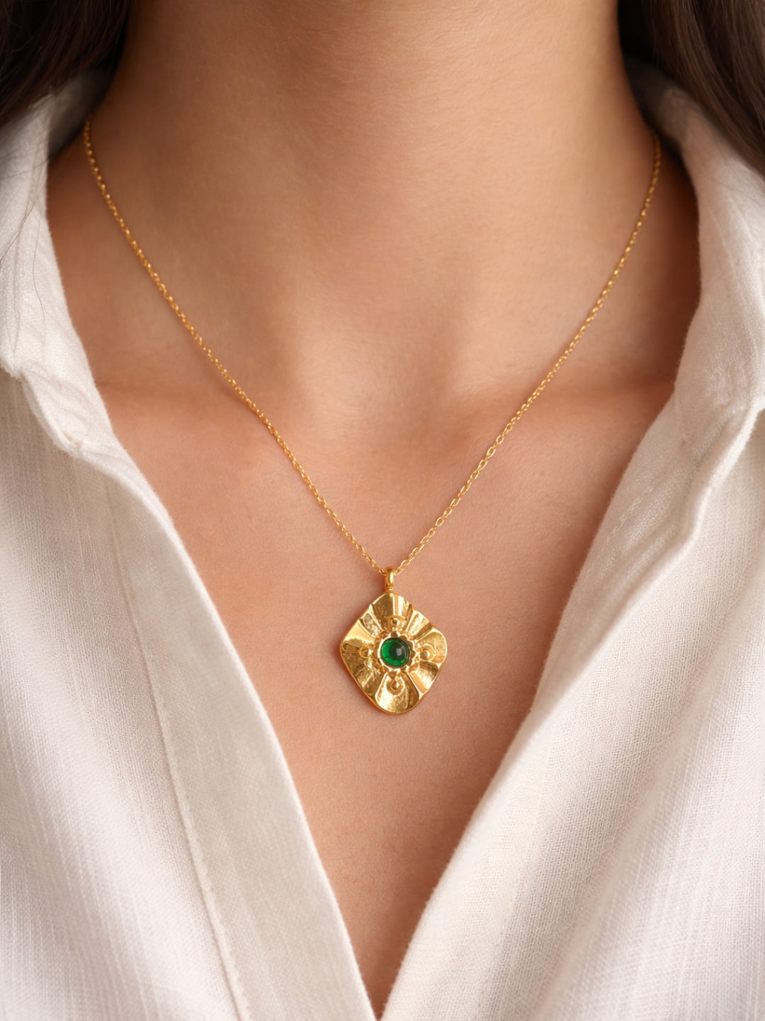 Emerald Glow Gold Chain | 18K Gold Plated Green Stone Necklace