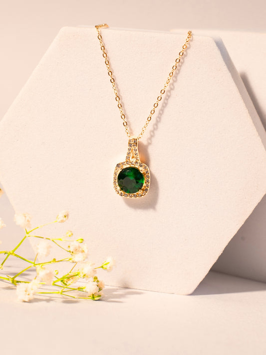 Elegant Gold-Plated Green Stone Pendant Chain – 316L Stainless Steel, AD Crystals