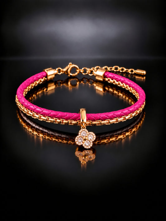 Fuchsia Pink Braided Double line Clover Band Cuff-18KT Gold Plated