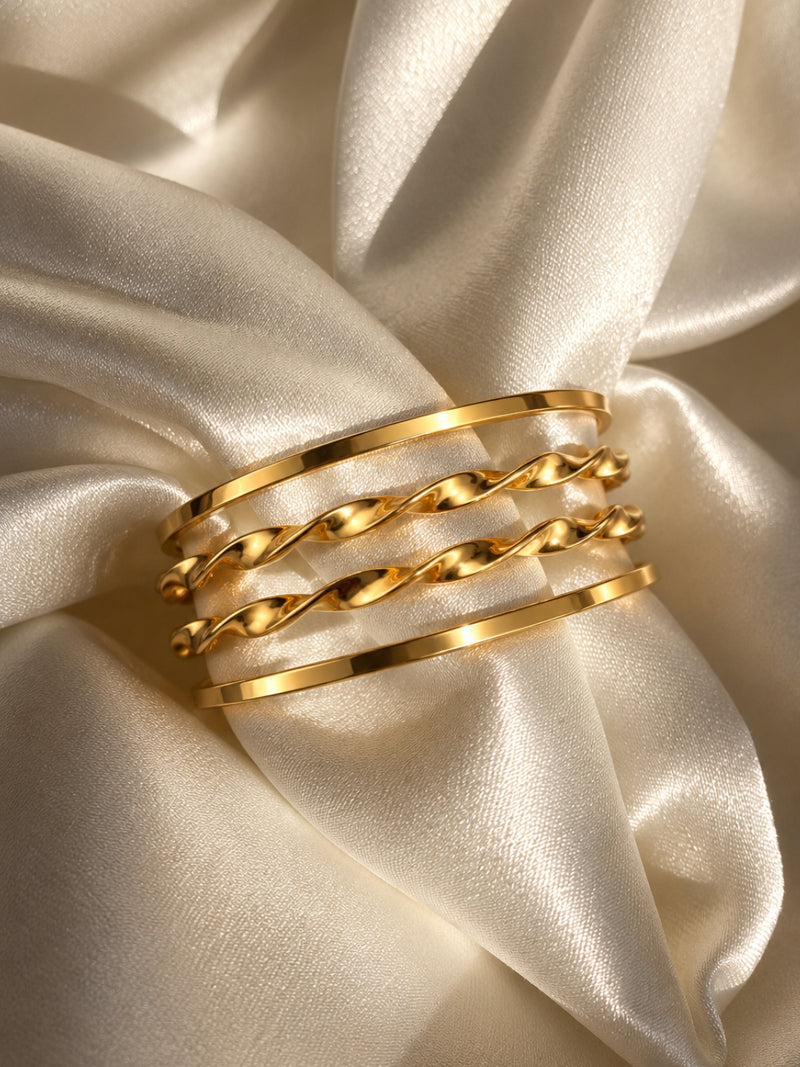 18K Gold Plated Textured Stainless Steel Stackable Bangle Set
