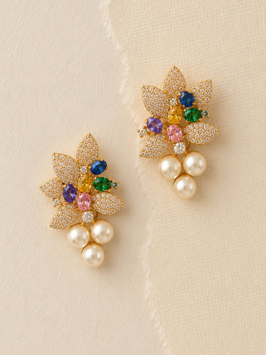 Multicolor Floral Pavé Pearl Drop Earrings, 18K Gold-Plated