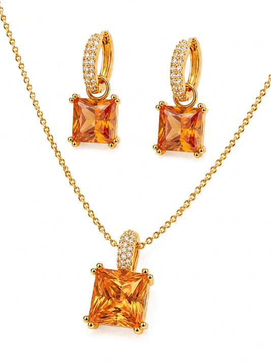 Saffron Square-Cut Pendant Necklace & Huggie Earring Set