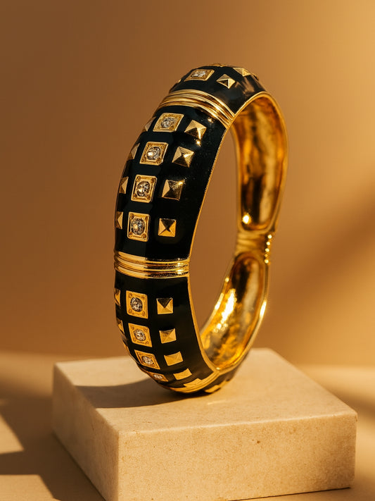 Black Enamel Studded Bracelet – 18K Gold Plated, Anti-Tarnish