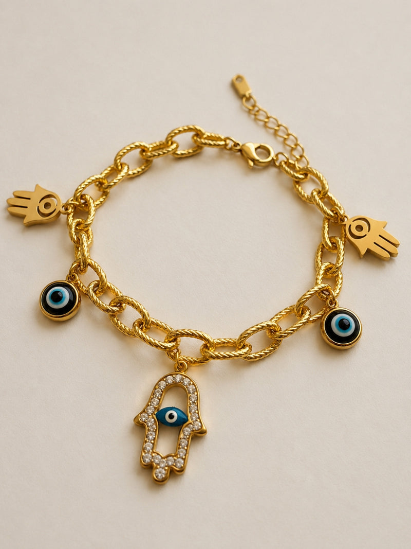 Evil Eye Hamsa Charm Bracelet in 18K Gold | Adjustable Chain