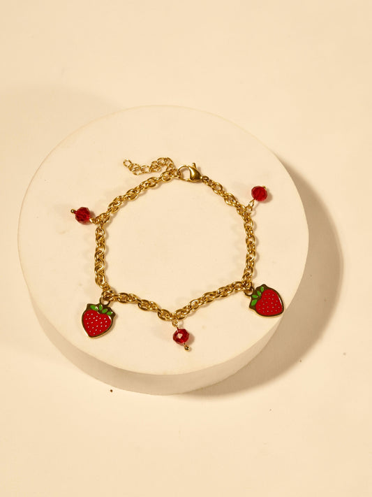 Strawberry Charm Bracelet – Gold Plated Stainless Steel, Enamel & Beads, Adjustable