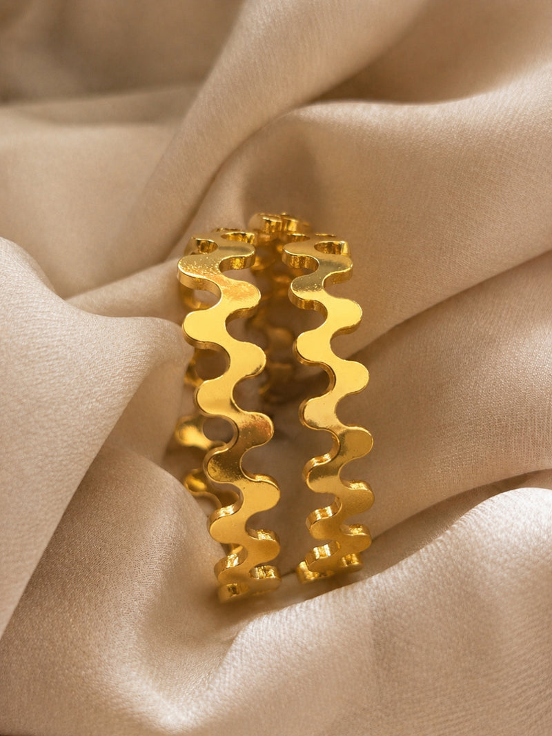 Statement Wave Gold Bangle Set | Everyday Luxury | Size 2.6