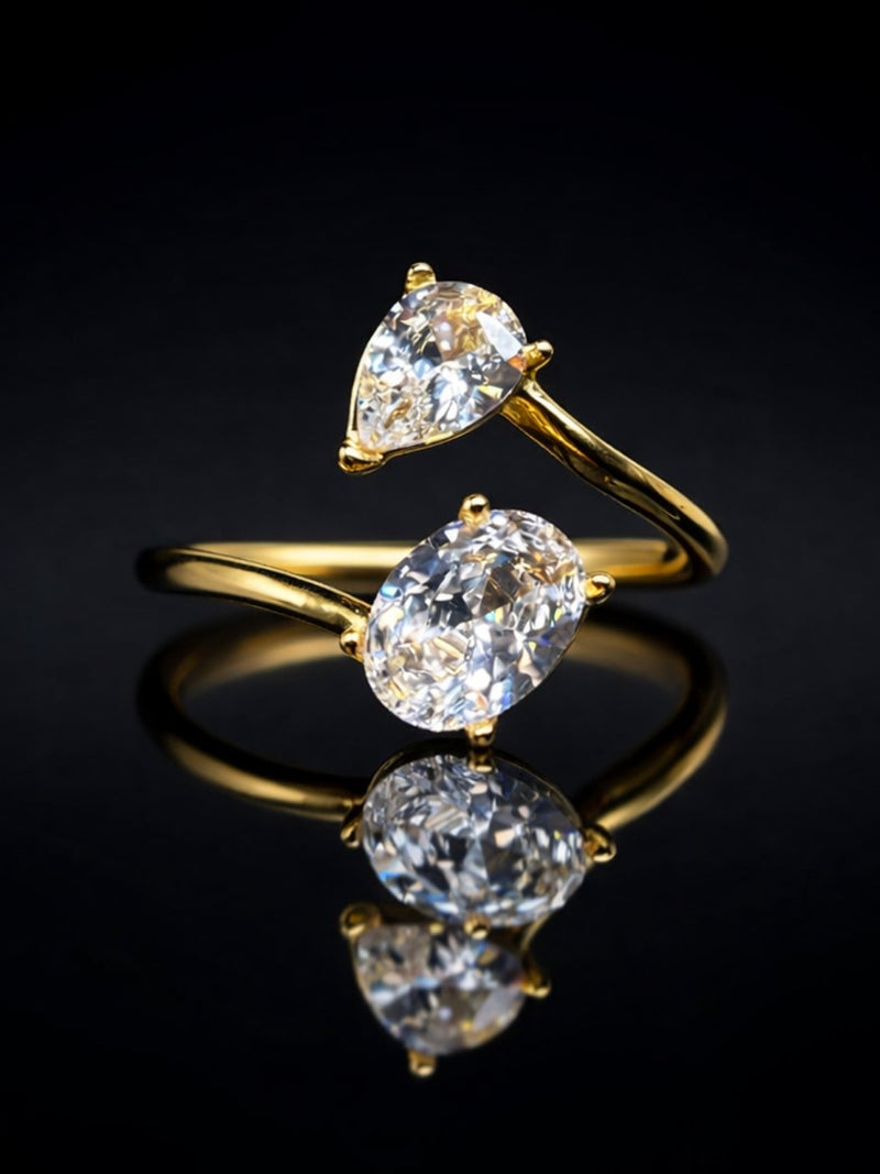 18K Gold Plated Marquise & Oval CZ Wrap Ring – Adjustable Stainless Steel