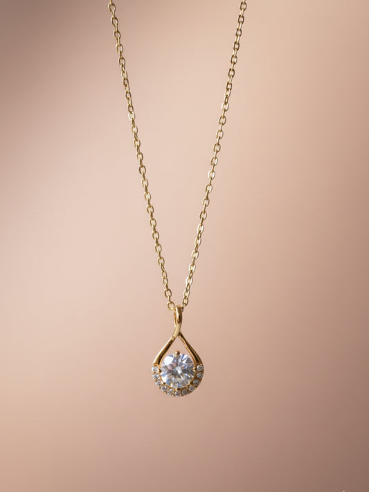 Anti-Tarnish White Solitaire Teardrop Pendant Chain | 18K Gold CZ