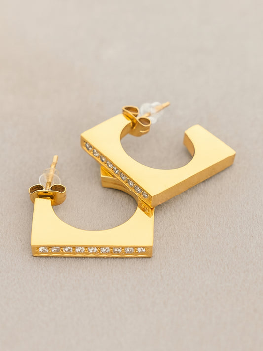 Square Studded Gold Half Hoop Earrings – 18K Gold Plated CZ