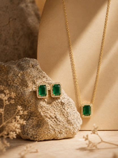 Verdena Green Halo Necklace & Earring Set, 18K Gold-Plated