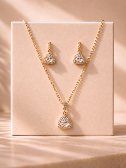 Rose Gold CZ Triangle Pendant & Earrings Set | Anti Tarnish Jewelry