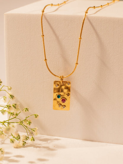 Gold Bar Pendant Chain – Multicolor CZ Stones, Gold Plated Stainless Steel, Adjustable Length