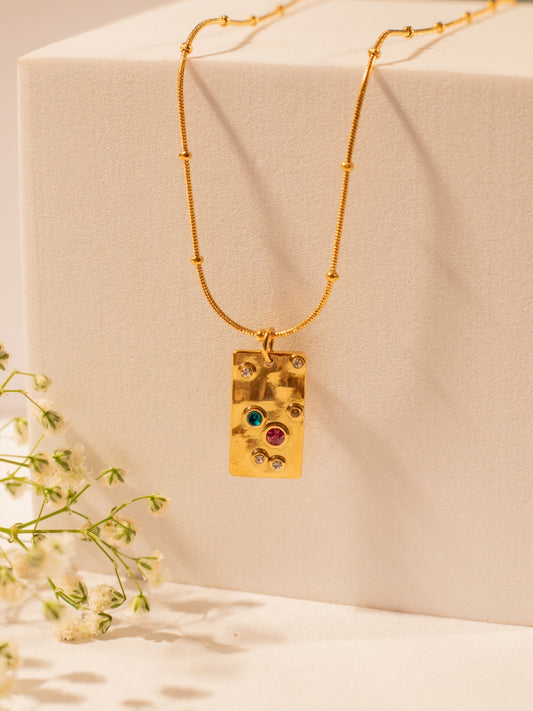 Gold Bar Pendant Chain – Multicolor CZ Stones, Gold Plated Stainless Steel, Adjustable Length