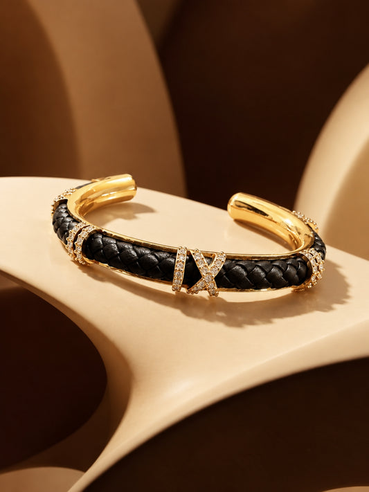 Black Braided Roman Numeral Studded Bangle -18KT Gold Plated