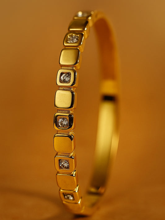 Gold Quad Pattern Semi-Studded Bracelet for Women – Anti-Tarnish Stainless Steel Kada with AD Stones | Fits 2'4 & 2'6 Sizes