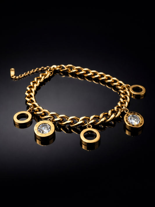 18K Gold Cuban Chain Roman Drop Charm Bracelet | Anti-Tarnish