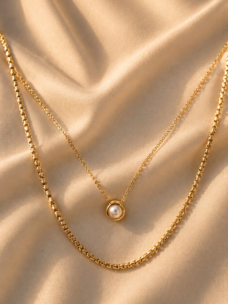 Pearl Pendant & Box Chain Necklace Set