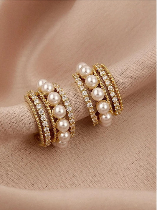 Gold Pearl & CZ Multi-Line Stud Earrings | Elegant Fashion Jewelry