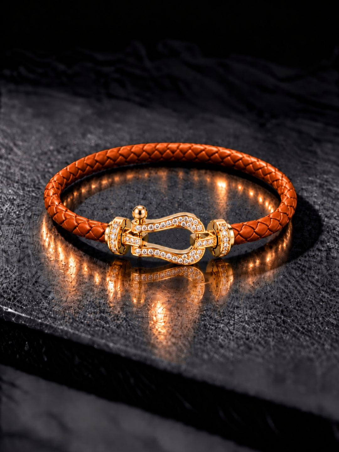 Rust Studded Braided Leather Gold Magnetic Bracelet -18KT Gold Plated