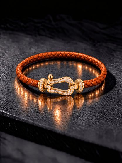 Rust Studded Braided Leather Gold Magnetic Bracelet -18KT Gold Plated