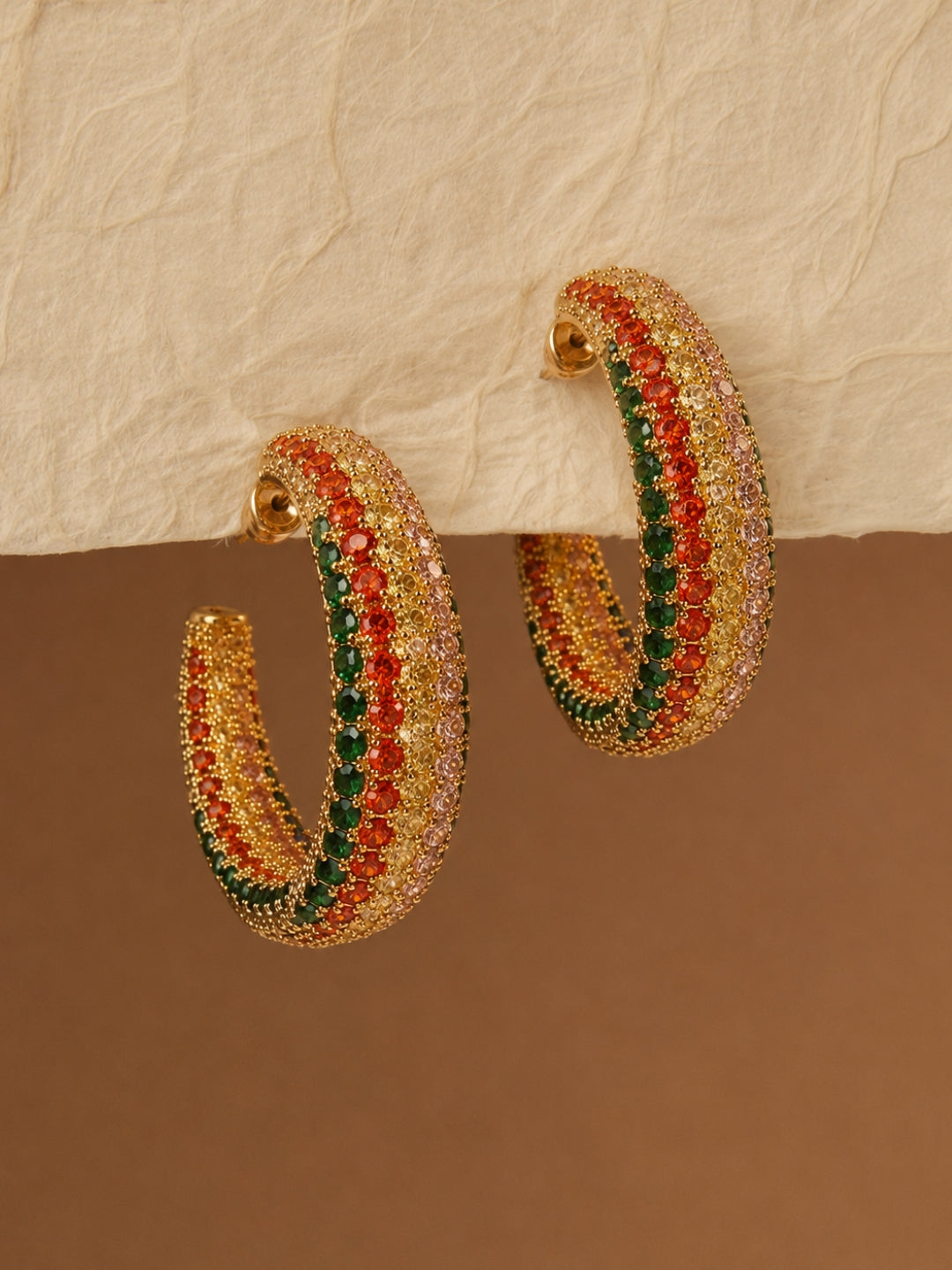 Navratna-Inspired Pavé Open Hoop Earrings, 18K Gold-Plated