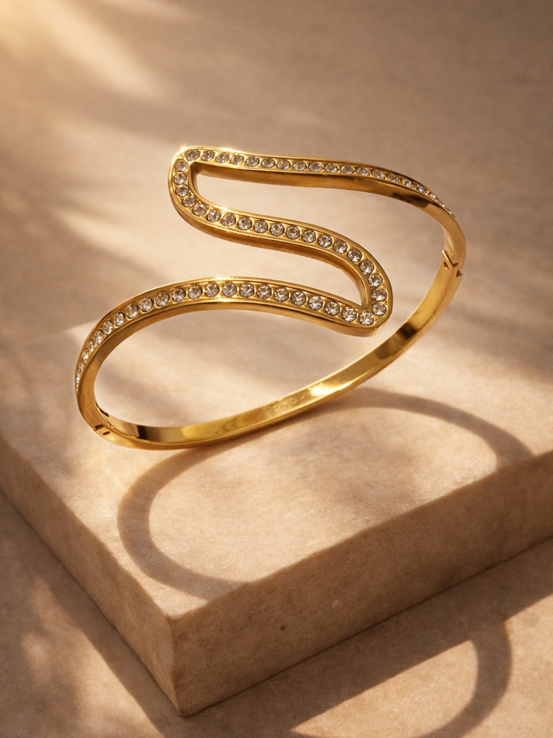 18K Gold Plated CZ Wave Open Bracelet – Anti Tarnish Bangle