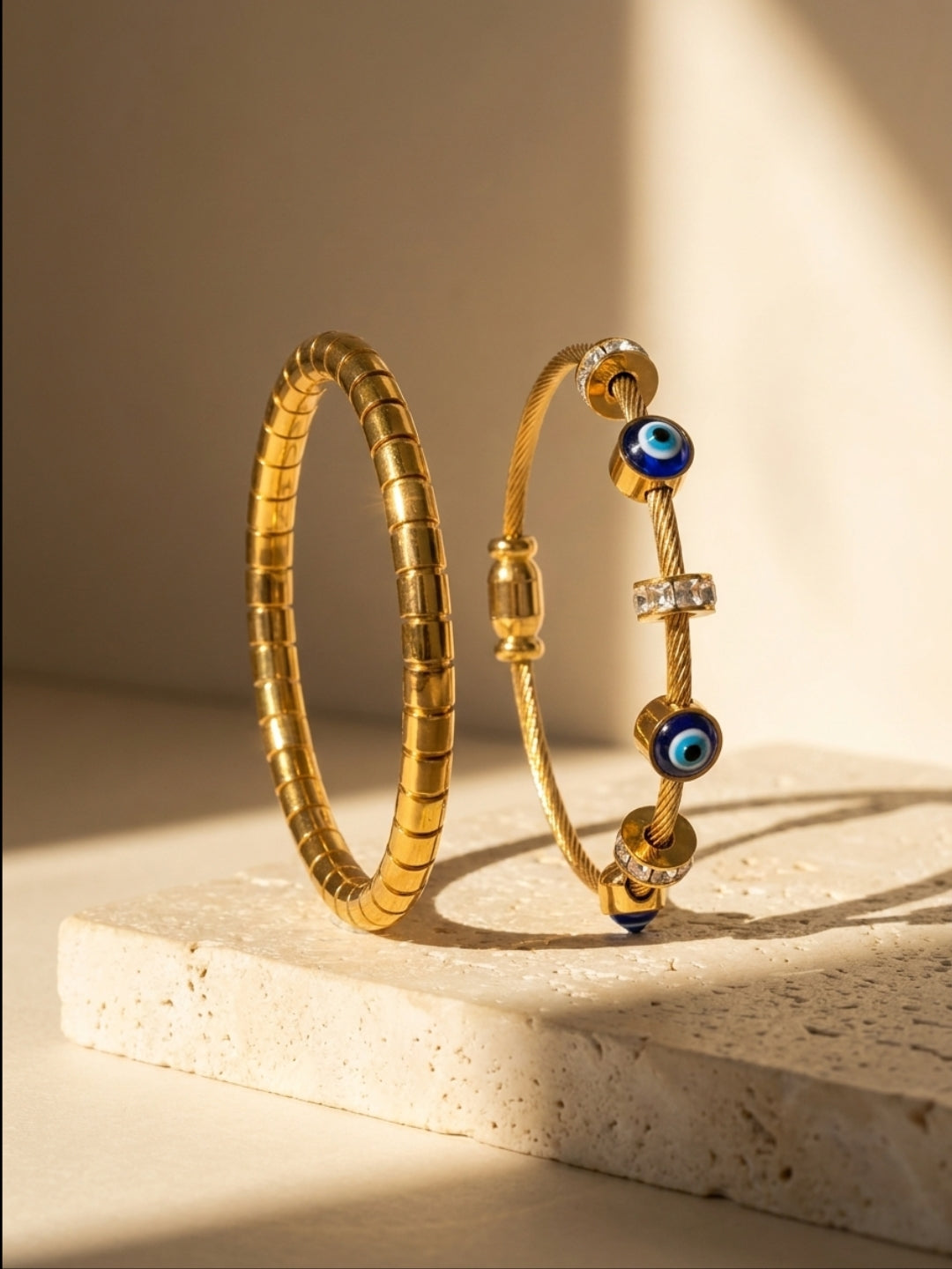 Evil Eye & Gold Striped Bracelet Stack – Set of 2