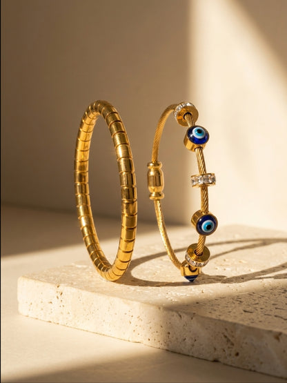 Evil Eye & Gold Striped Bracelet Stack – Set of 2