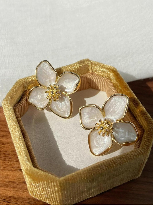 White MOP Flower Stud Earrings for Women - Gold Plated Fashion Jewelry