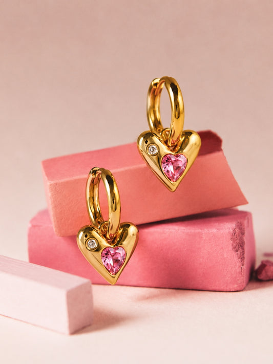 Rosé Heart Charm Hoop Earrings, 18K Rose Gold-Plated
