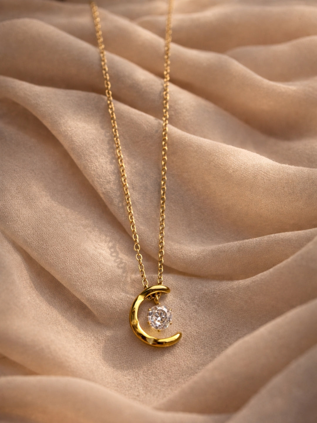 Crescent Moon Solitaire Gold Neckpiece | Anti-Tarnish Everyday Jewelry