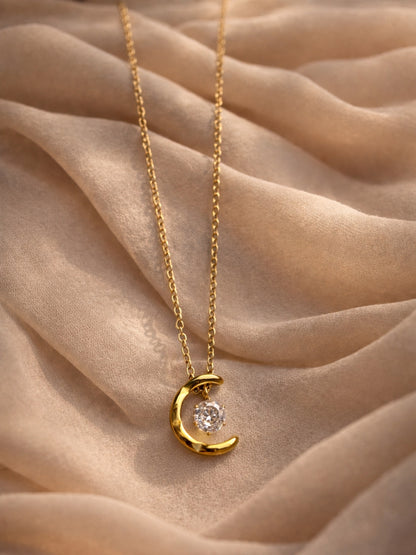 Crescent Moon Solitaire Gold Neckpiece | Anti-Tarnish Everyday Jewelry