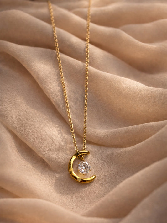 Crescent Moon Solitaire Gold Neckpiece | Anti-Tarnish Everyday Jewelry
