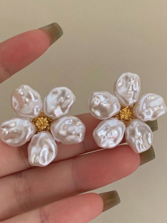 Faux Pearl Flower Stud Earrings – Gold Plated Floral Fashion Jewelry