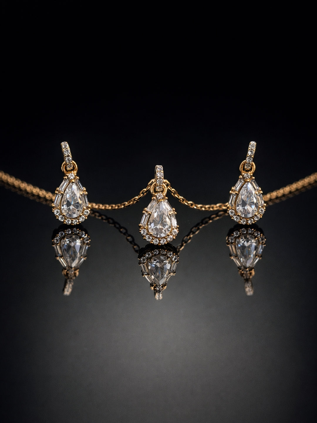 18K Rose Gold Teardrop CZ Pendant & Earrings Set for Women