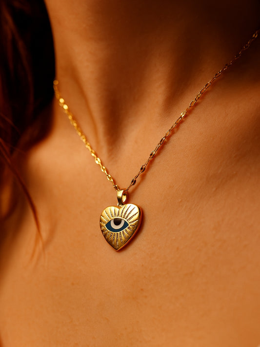 Evil Eye Heart Pendant Necklace in 14K Gold Plated Stainless Steel | Anti-Tarnish CZ Chain for Women