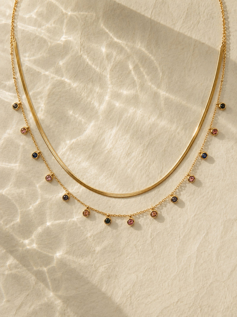 Layered Gold Necklace Combo with Multicolor Stone Drops