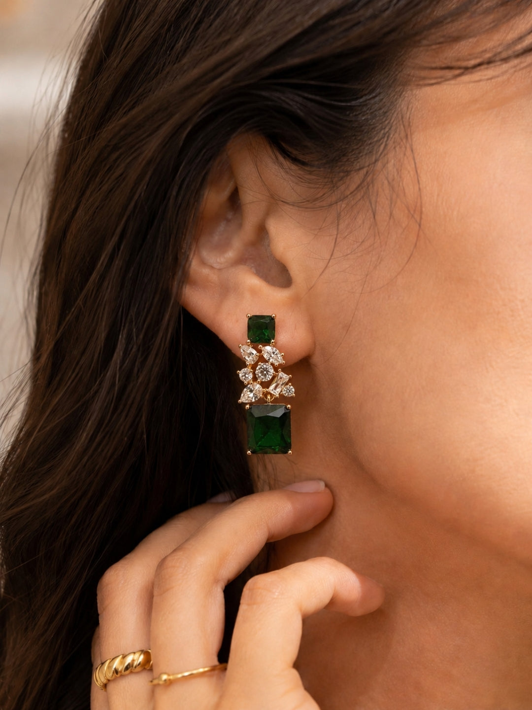 Emerald CZ Drop Earrings in 18K Rose Gold | Anti Tarnish Jewelry