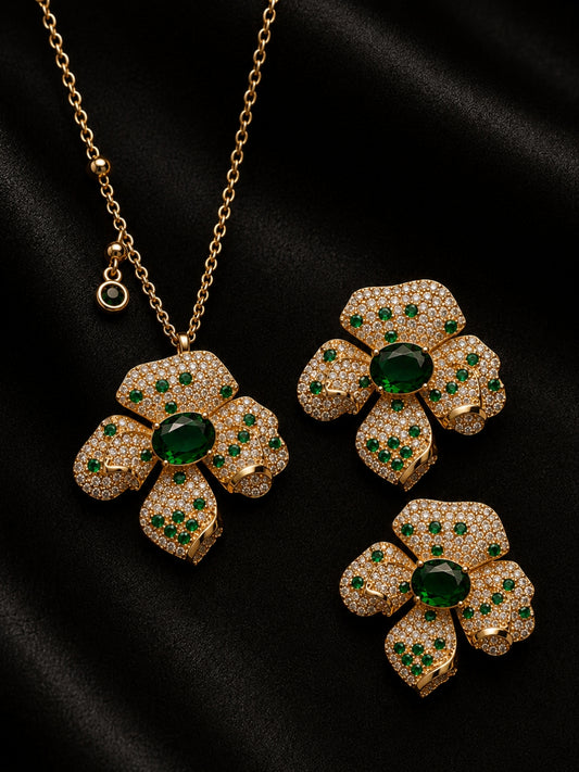 Boccio Emerald Pavé Flower Necklace & Earring Set, 18K Gold-Plated