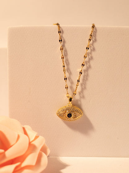 14Kt Gold-Plated Evil Eye Pendant Necklace | Anti-Tarnish Stainless Steel | CZ Studded