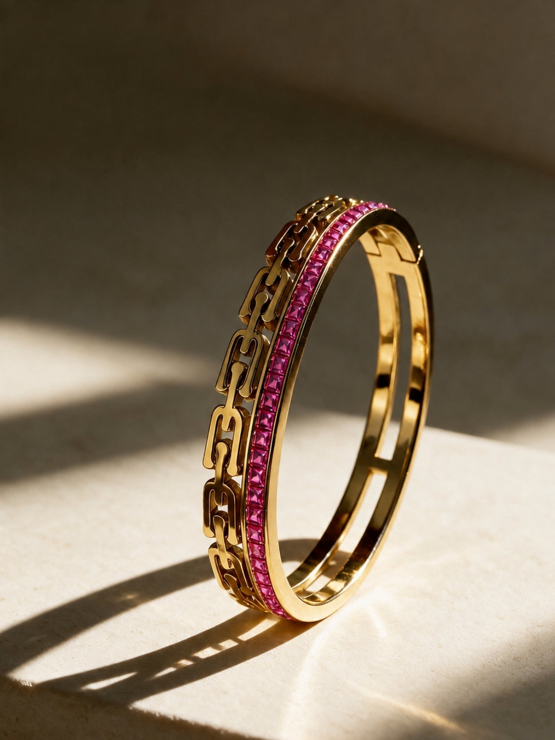Pink CZ Double Gold Plated Cuff Bracelet