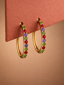 18K Rose Gold Multicolor CZ Long Hoop Earrings