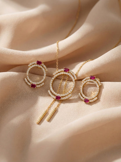 "Aurélie" Double Halo Necklace & Earring Set — 18K Gold Plated with Ruby Baguette Accents